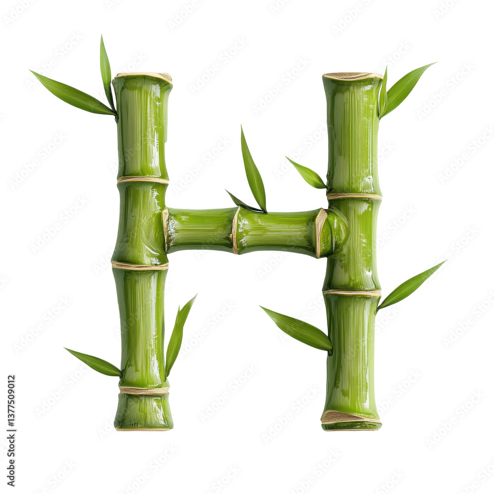 Fototapeta premium Bamboo letter H with natural texture isolated on transparent background