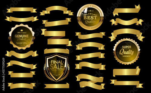 Golden luxury labels and banners, gold premium quality certificate ribbons, vector badges. Luxury VIP and premium quality sticker tags and banners for best product seals and banners with golden crown
