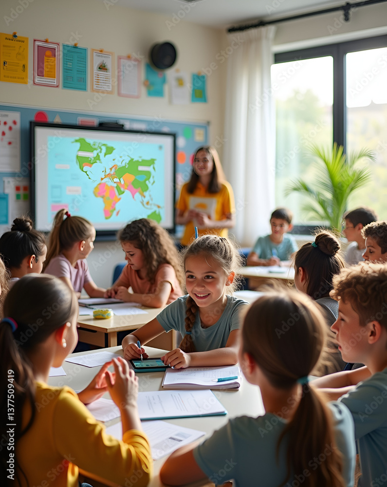 Obraz premium A diverse group of students aged 10-12 actively learning in a high-tech classroom with laptops, tablets, and an interactive whiteboard, fostering engagement & curiosity