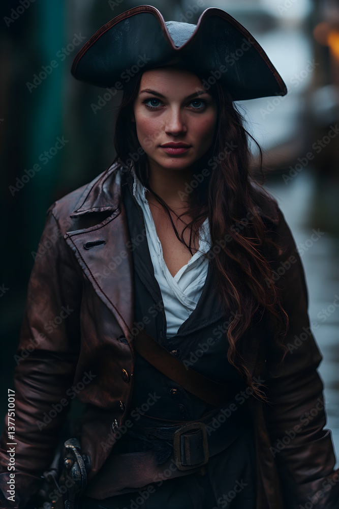 Fototapeta premium A pirate woman in a leather jacket and tricorn hat, walking through a pirate port town, searching for adventure.