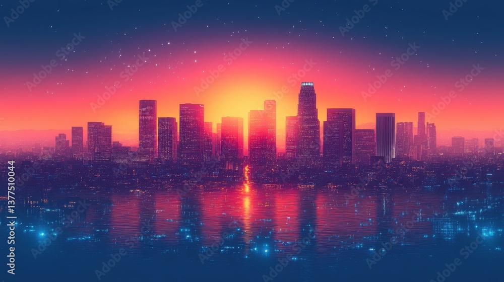 Fototapeta premium A vibrant sunset over a city skyline, reflecting colorful hues on water, creating a captivating and serene urban landscape.