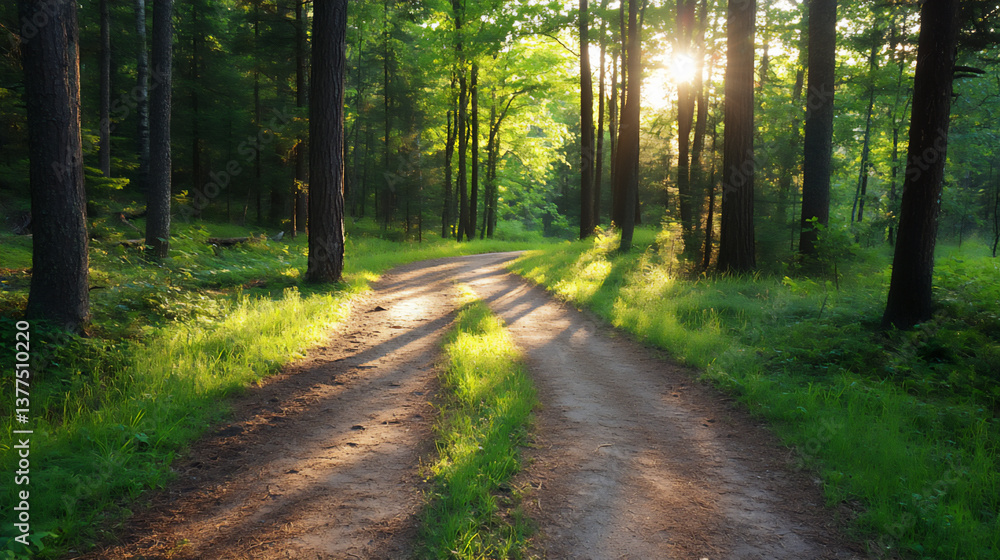 Obraz premium a medium shot of a forest path winding through tall trees,