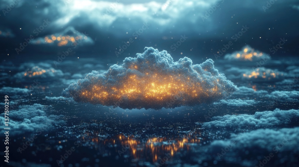 Fototapeta premium A surreal scene featuring a glowing cloud above a reflective surface, illuminated by warm lights, set against a dark, cloudy background.