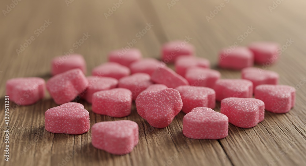 Pink heart shaped candies scattered on wood table soft light. AI Generated Pink heart shaped candies scattered on wood table soft light. AI Generated