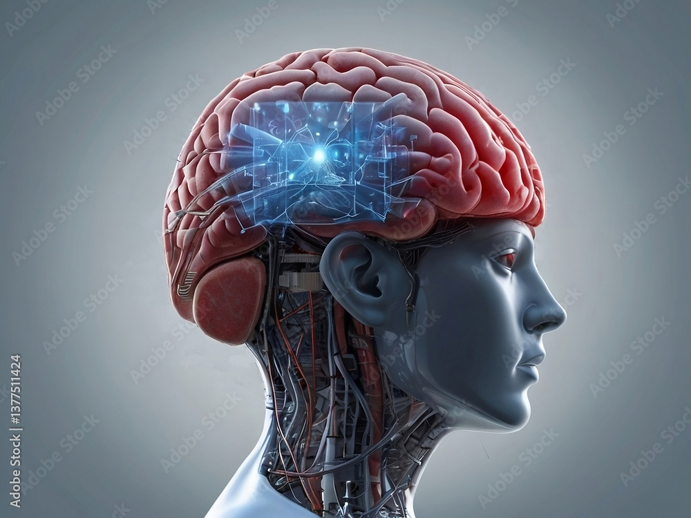 Obraz premium robot head with brain, AI brain merging with a human brain concept