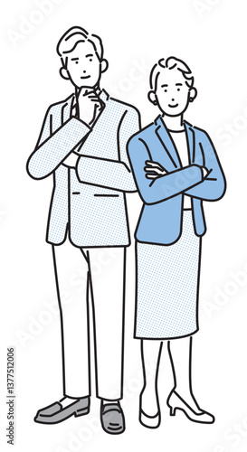 シンプル　イラスト　立ち姿のビジネスパーソンの男性と女性 人物セット