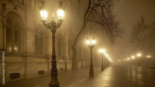 Fototapeta Naklejka Na Ścianę i Meble -  Foggy Parisian street at night