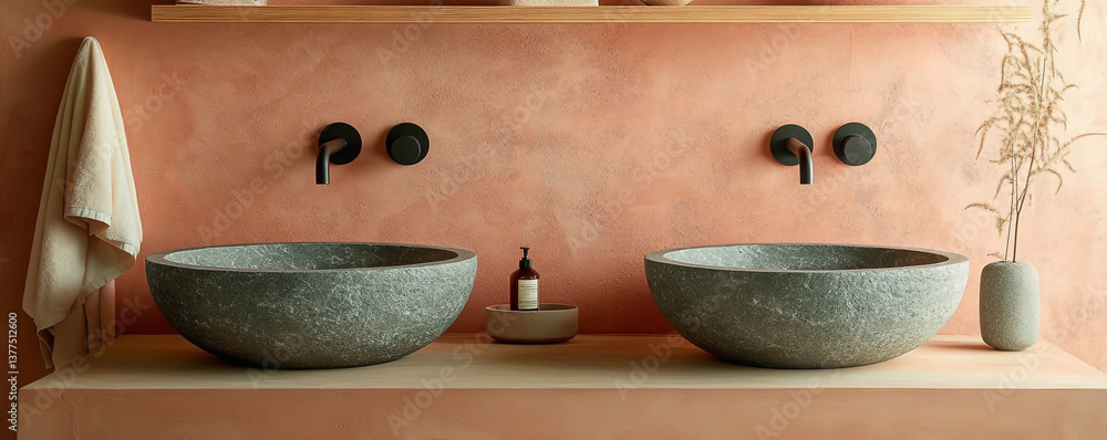 Elegant Bathroom Interior with Peach and Green Tones and Terracotta Wall Elegant Bathroom Interior with Peach and Green Tones and Terracotta Wall