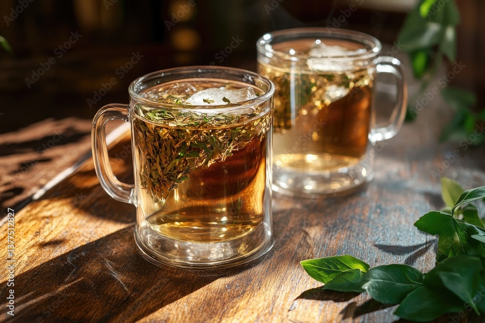 Iced herbal tea in glass mugs, sunlight on rustic wood Iced herbal tea in glass mugs, sunlight on rustic wood