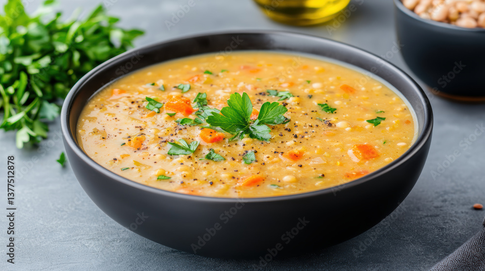 warm bowl of heart healthy lentil soup with fresh herbs and vegetables warm bowl of heart healthy lentil soup with fresh herbs and vegetables
