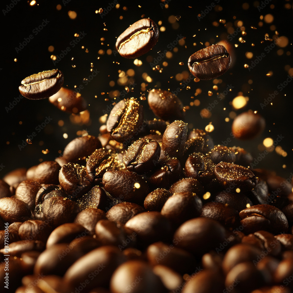 A pile of freshly roasted coffee beans with golden dust lightly sprinkled over them. A pile of freshly roasted coffee beans with golden dust lightly sprinkled over them.