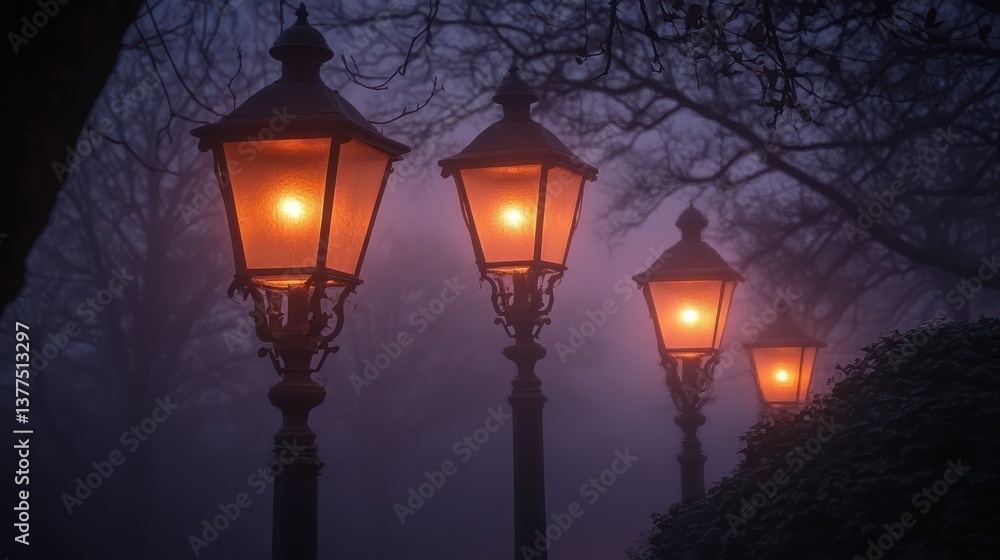 Foggy park path with antique street lamps Foggy park path with antique street lamps