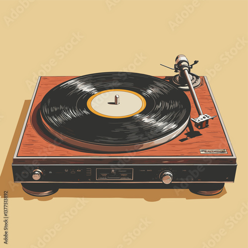 Vintage record player with spinning vinyl disc in retro style