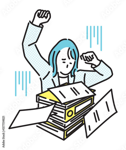 シンプル　イラスト　書類が多すぎてうんざりするビジネスパーソンの女性 人物