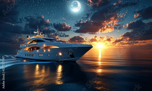 A luxury yacht sailing at twilight under a full moon with beautiful golden sunset reflections.