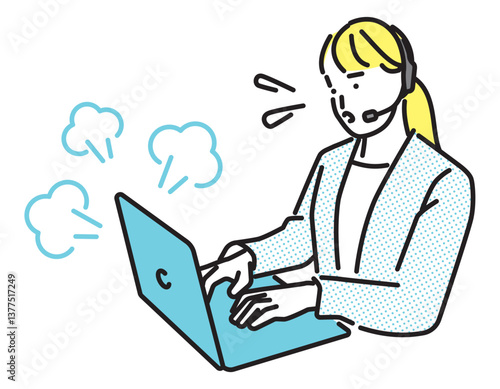 シンプル　イラスト　困惑するコールセンターの女性 人物