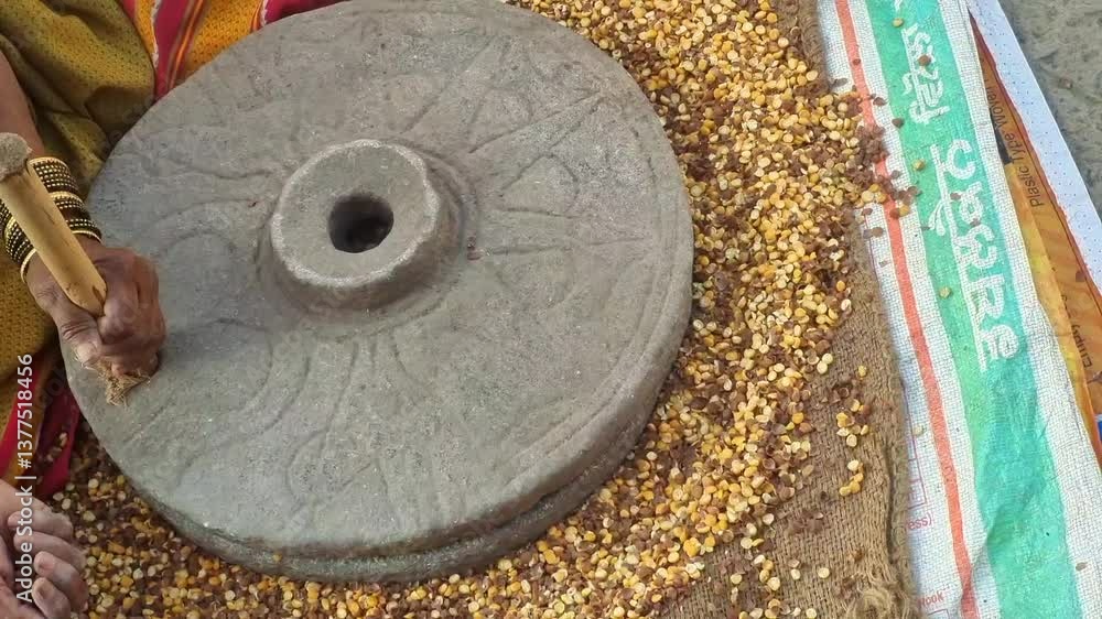 Indian housewife woman in traditional clothing grinding grains in stone flour mill. In indian cultural households ancient technology used with manual efforts. grinding grains after drying.