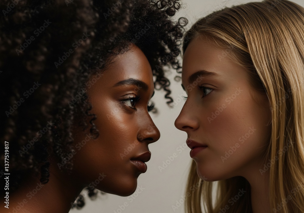 Two women face each other soft light portrait. AI Generated Two women face each other soft light portrait. AI Generated