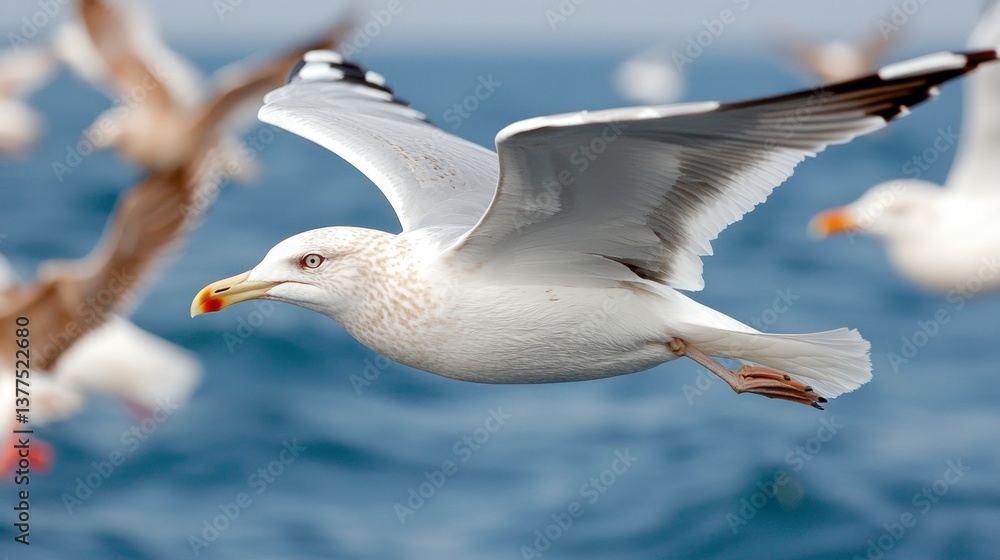 Obraz premium Majestic Seagull in Flight Over Ocean Waves