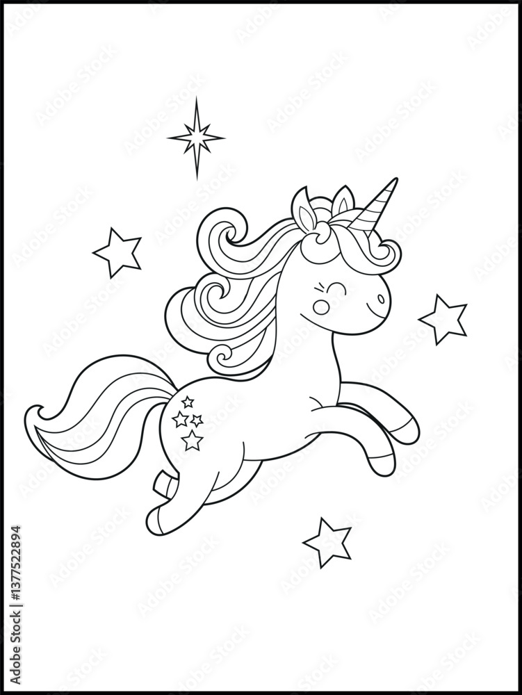 Fototapeta premium Bold and Easy Printable Unicorn Coloring Page for Kids. Cute, Hand-Drawn, Black and White Coloring Sheet with Cartoon Characters and Simple Doodles