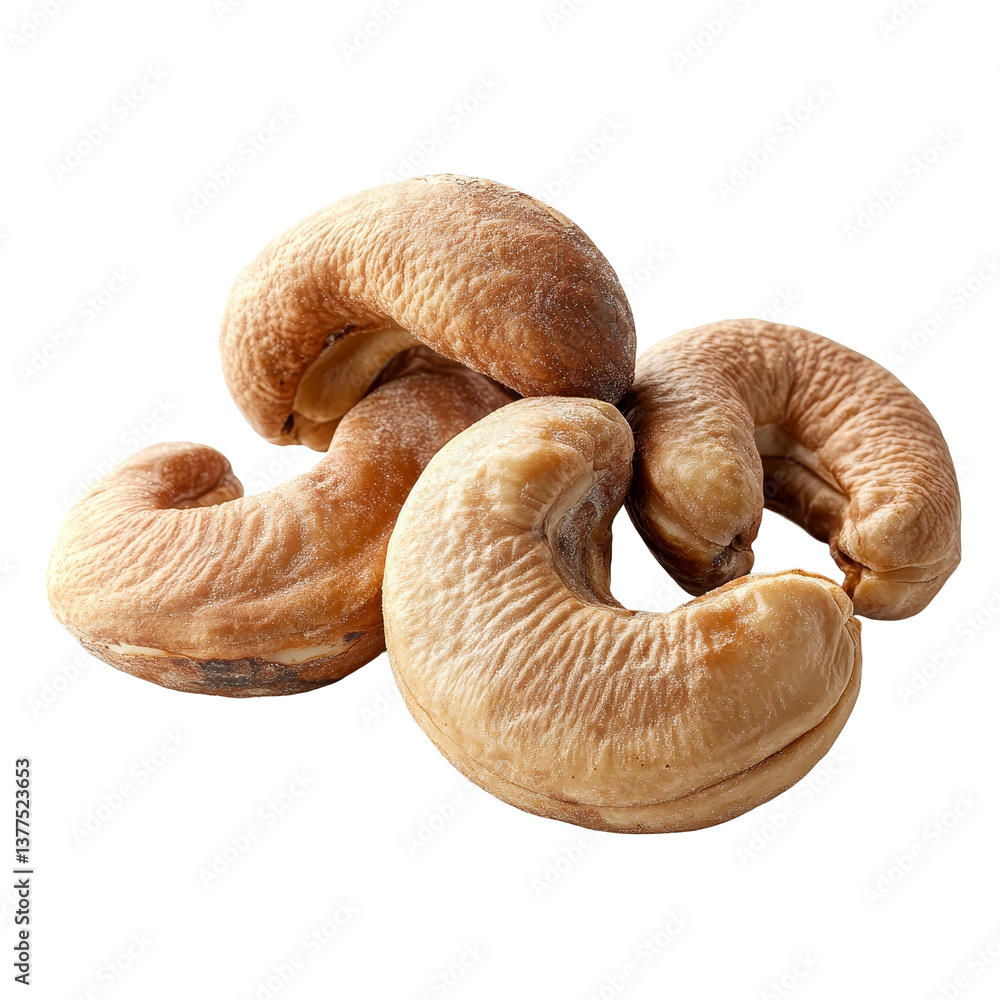 Roasted cashew nuts placed artistically against a clean transparent background, showcasing their unique shape and texture, Roasted cashew nuts isolated on transparent background Roasted cashew nuts placed artistically against a clean transparent background, showcasing their unique shape and texture, Roasted cashew nuts isolated on transparent background