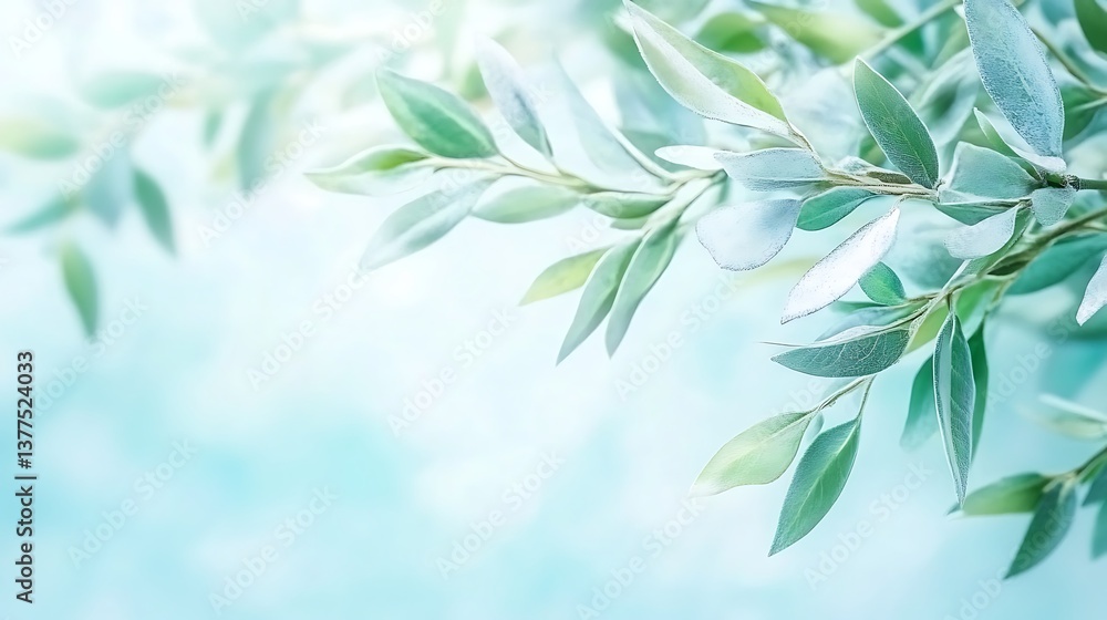 Obraz premium Green leaves and a soft blue background create a serene composition