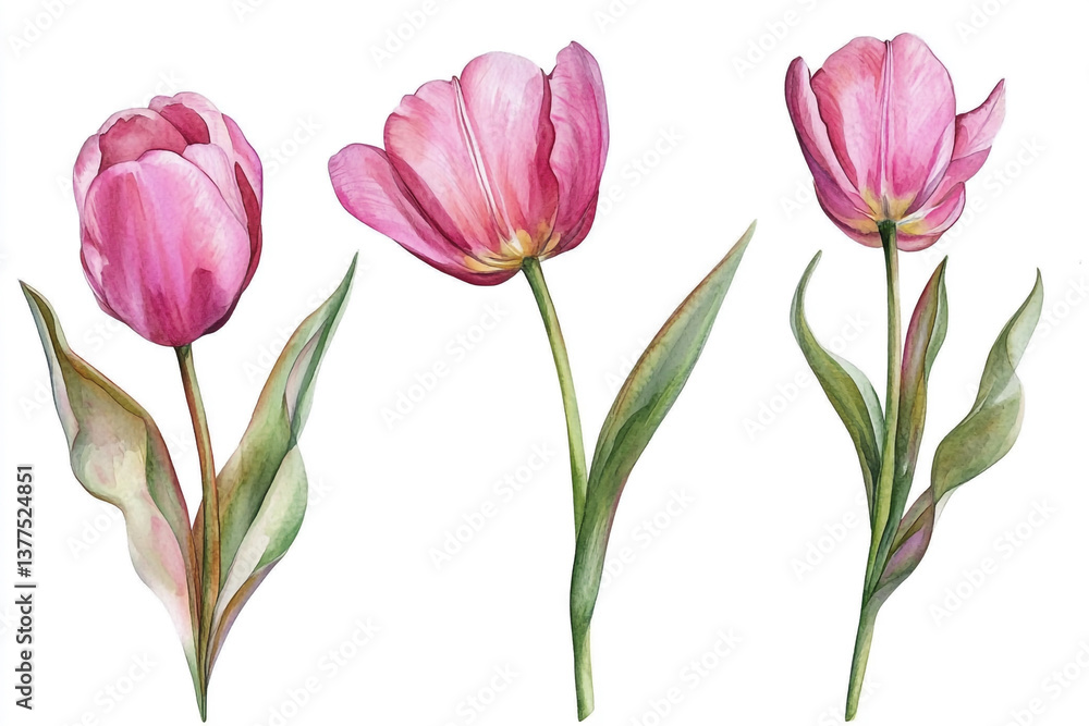 Watercolor Pink Tulip Flowers Isolated on White Background, Shown from Three Different Angles Watercolor Pink Tulip Flowers Isolated on White Background, Shown from Three Different Angles
