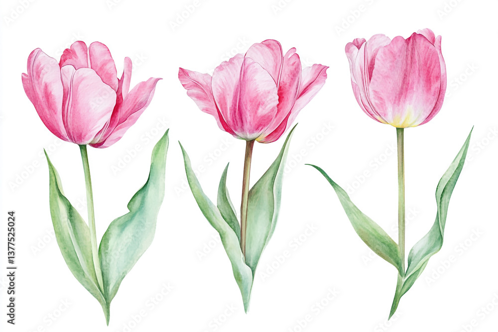 Watercolor Pink Tulip Flowers Isolated on White Background, Shown from Three Different Angles Watercolor Pink Tulip Flowers Isolated on White Background, Shown from Three Different Angles