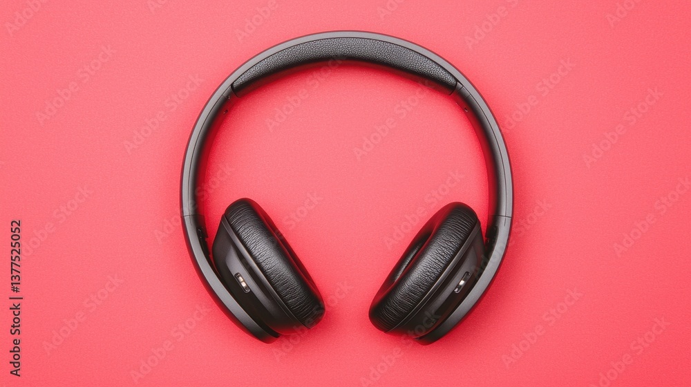 Black Wireless Headphones on Bright Red Background for Music Lover Black Wireless Headphones on Bright Red Background for Music Lover