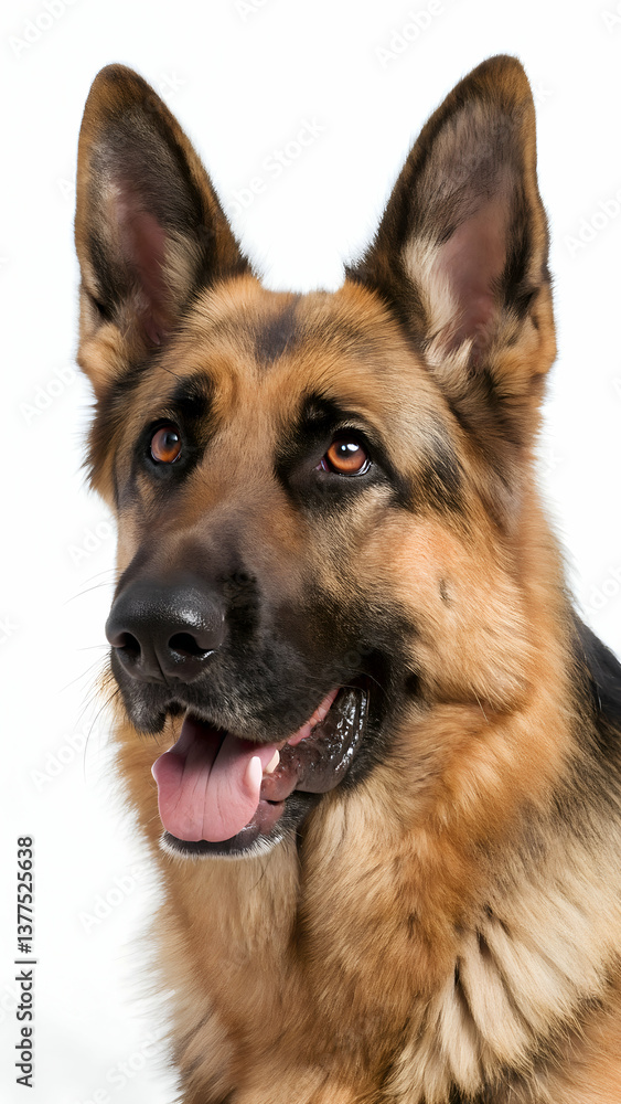 Close up of a pastor alemán with black and tan fur against a white background Close up of a pastor alemán with black and tan fur against a white background