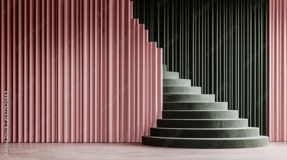 Elegant Curved Steps Against Textured Pink and Green Walls Elegant Curved Steps Against Textured Pink and Green Walls