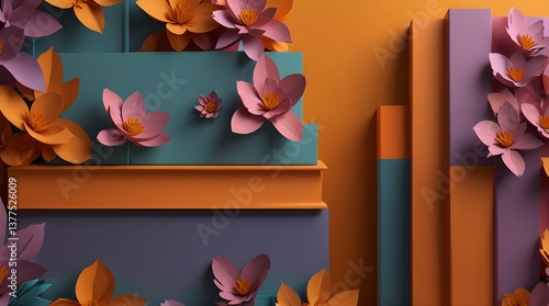 Modern 3D book with vibrant spring colors on orange background for digital design. generative.ai