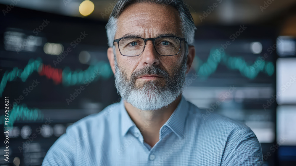 Fototapeta premium Professional man with glasses and beard, focused on digital stock charts in background