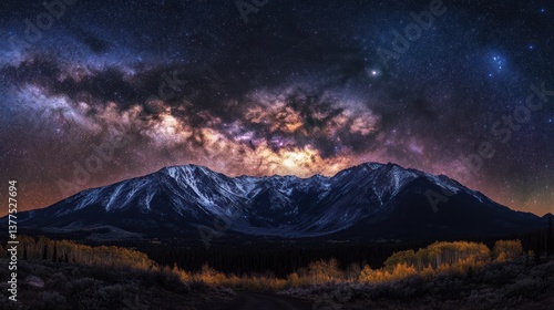 Majestic mountain range, Milky Way, vibrant night sky. Ideal for astronomy enthusiasts, perfect for showcasing the beauty of the night sky.