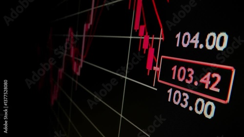 Closeup macro shot movement on LED screen, declining stock market graph economic crisis with falling trend red downturn indicator, and profit loss. Financial crisis lead to market volatility downfall.