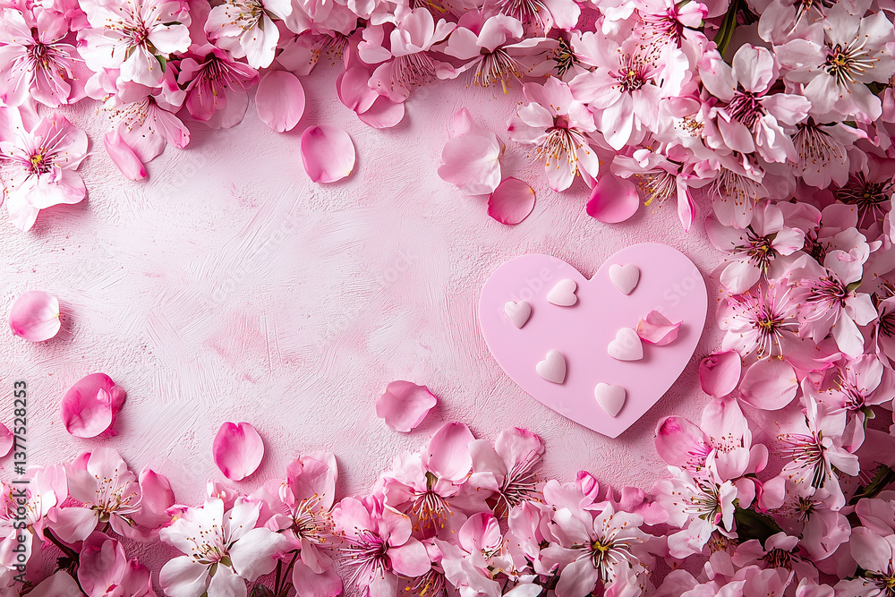 Fototapeta premium Spring background with pink flowers, heart and petals. Greeting card for Woman day. Flat lay style. Top view. 
