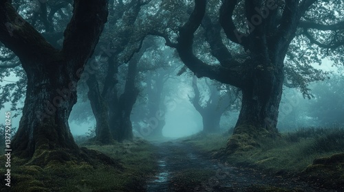Dark and mysterious misty forest path, ancient trees shrouded in fog. Ideal for horror or fantasy settings, perfect for creating a spooky and eerie atmosphere.