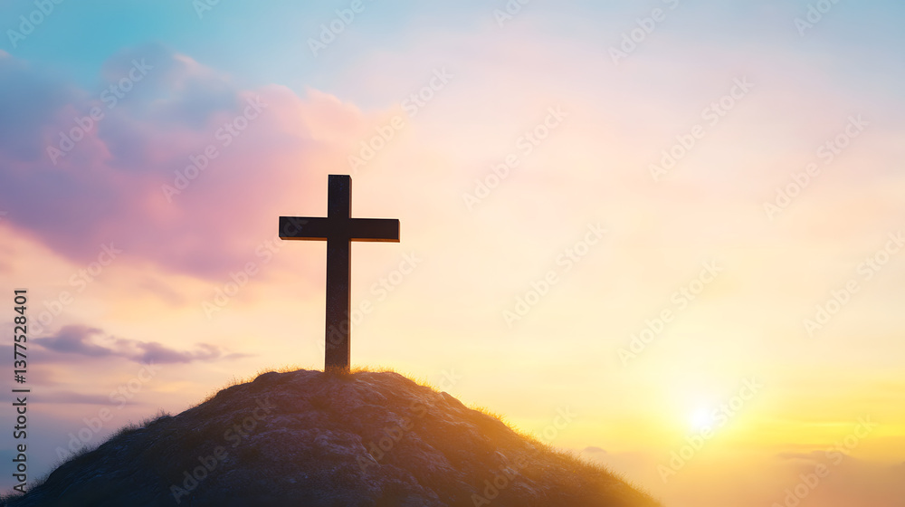 A cross atop a hill with a beautiful sunrise in the background, symbolizing peace, hope, and spirituality in a serene landscape.
A cross atop a hill with a beautiful sunrise in the background, symbolizing peace, hope, and spirituality in a serene landscape.