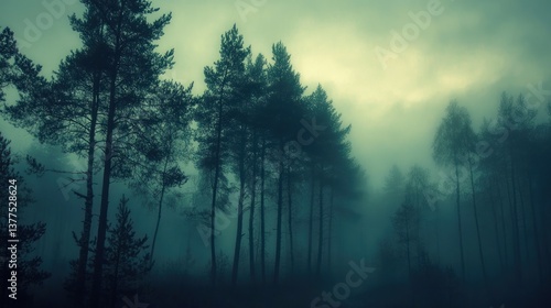 A misty forest scene with tall, dark trees creates a mysterious and atmospheric ambiance. Ideal for fantasy art, game backgrounds, and book covers. Perfect for evoking a sense of foreboding.