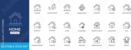 home line icon set for real estate, smart home, interior, property services, housing apps, website ui, editable vector icons.