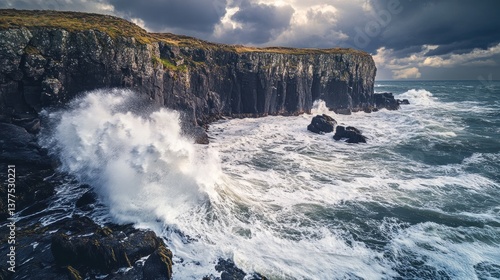 Powerful waves crashing against dramatic cliffs. Ideal for nature, travel, and power imagery. Perfect for illustrating raw nature's beauty.