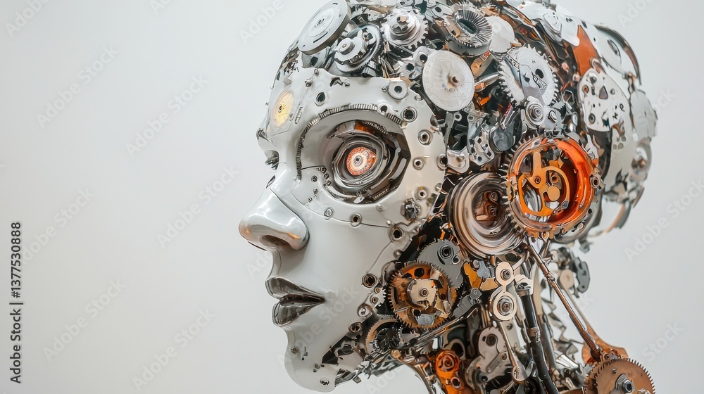 Robot head sculpture featuring intricate mechanical components on display in an art gallery Robot head sculpture featuring intricate mechanical components on display in an art gallery