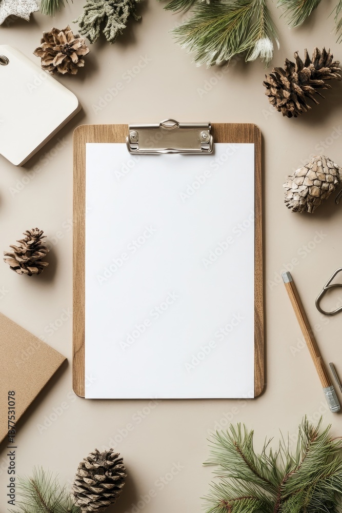 Obraz premium Simple, neutral-toned holiday workspace. Blank clipboard surrounded by pine cones, greenery, and small items