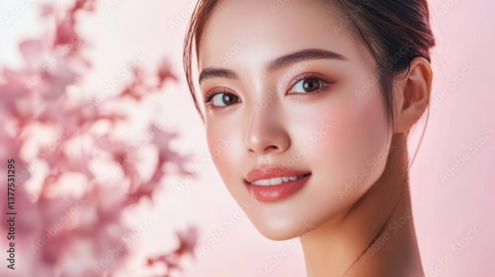 Naklejka premium Close-up portrait of a smiling young woman with soft features and natural makeup against a pink cherry blossom background during daytime