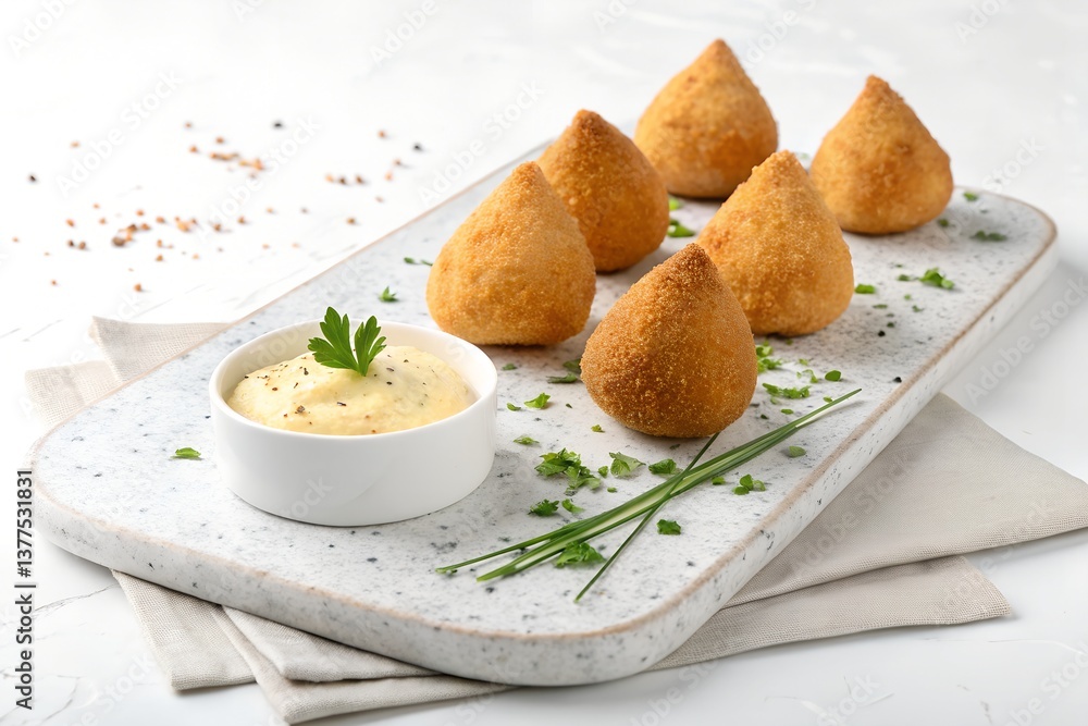 Eye-level view of traditional Brazilian coxinhas served on a white stone platter with creamy dipping sauce Eye-level view of traditional Brazilian coxinhas served on a white stone platter with creamy dipping sauce