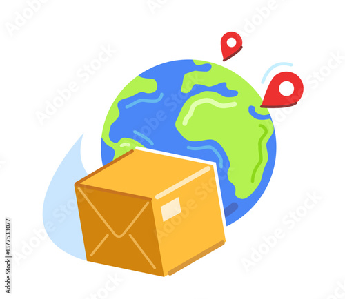 Worldwide delivery service. International cargo transportation all over world. Cardboard box with parcel, planet earth