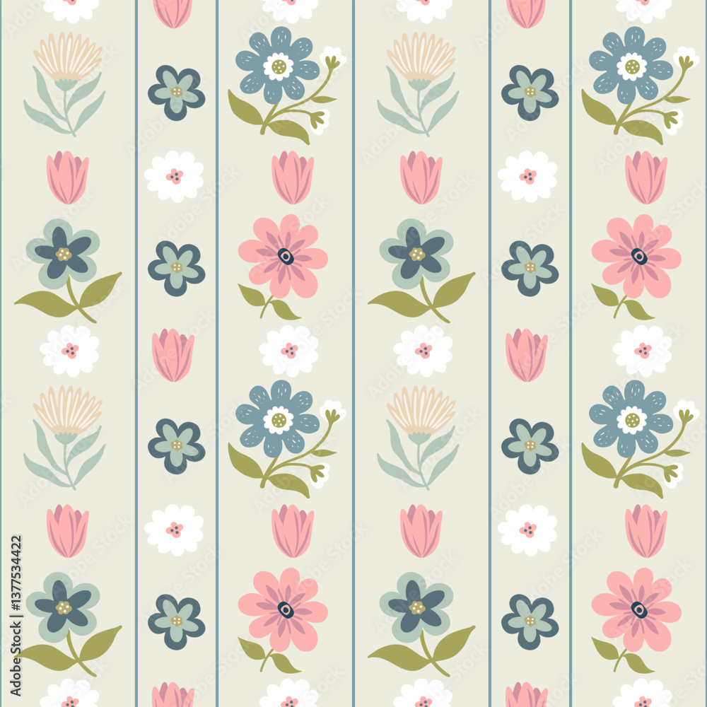 Striped Floral Motif with Tulips and Blossoms. Spring Floral Geometric Wallpaper Print, Nature-Inspired Seasonal Texture for Backgrounds
