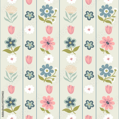 Obraz na płótnie Striped Floral Motif with Tulips and Blossoms. Spring Floral Geometric Wallpaper Print, Nature-Inspired Seasonal Texture for Backgrounds w salonie