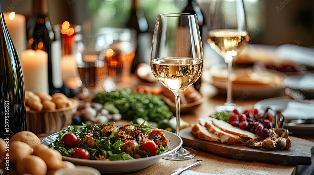 A dining table set with food and wine A dining table set with food and wine