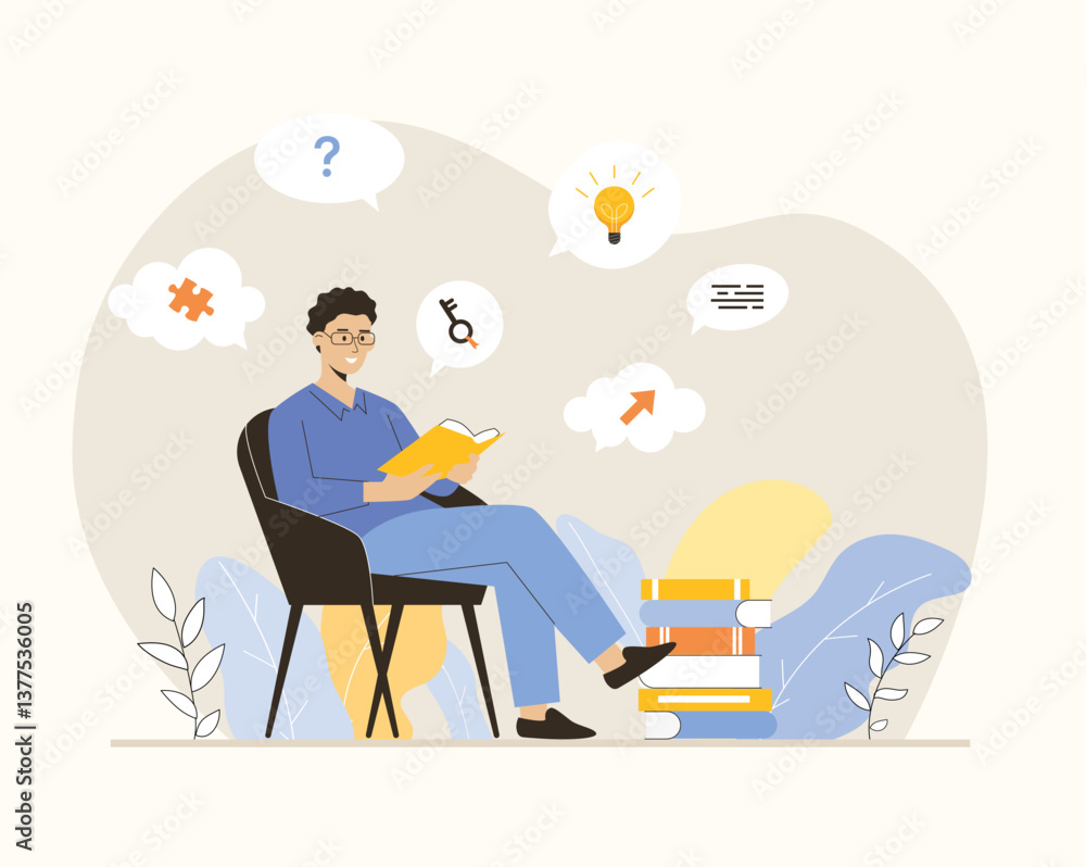 Finding ideas, solutions, brainstorming process. Man researching books for finding information and project development. Flat vector illustration. Finding ideas, solutions, brainstorming process. Man researching books for finding information and project development. Flat vector illustration.